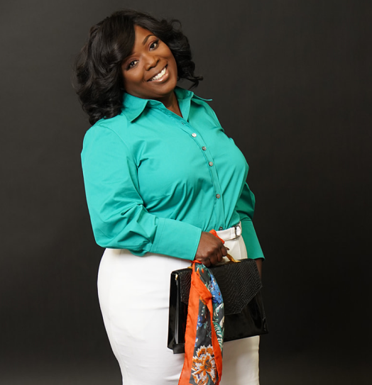 fashionable curvy woman wearing a green cotton shirt and white skirt