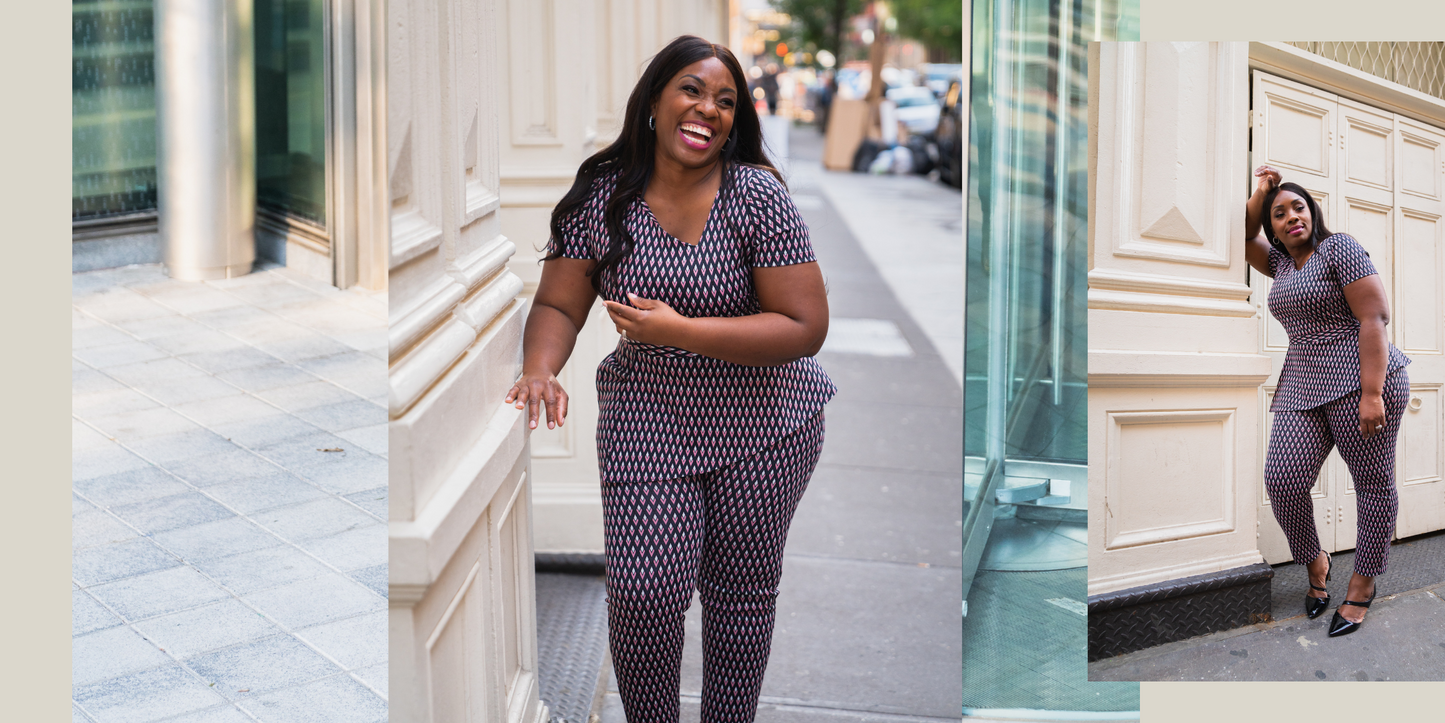 curvy woman wearing a jacquard jumpsuit business outfit