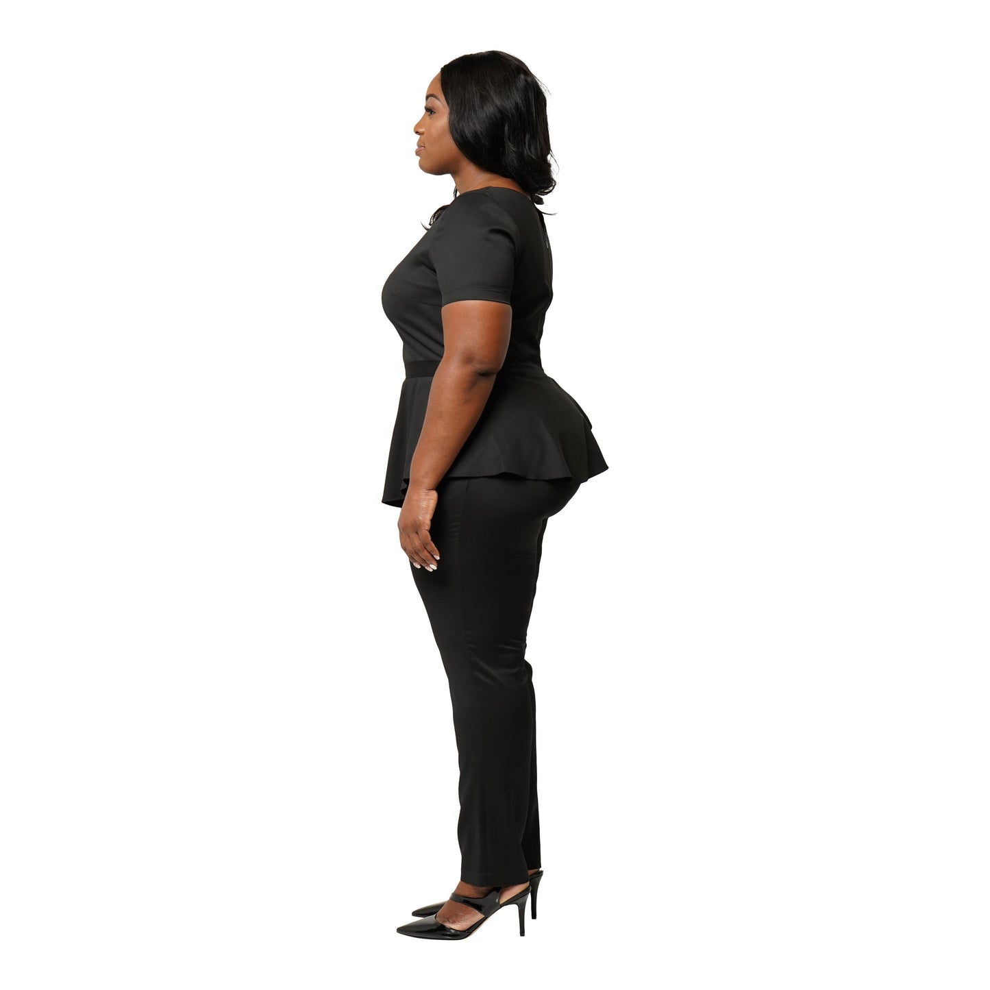 
                  
                    curvy black short sleeve jumpsuit with a tailored look
                  
                