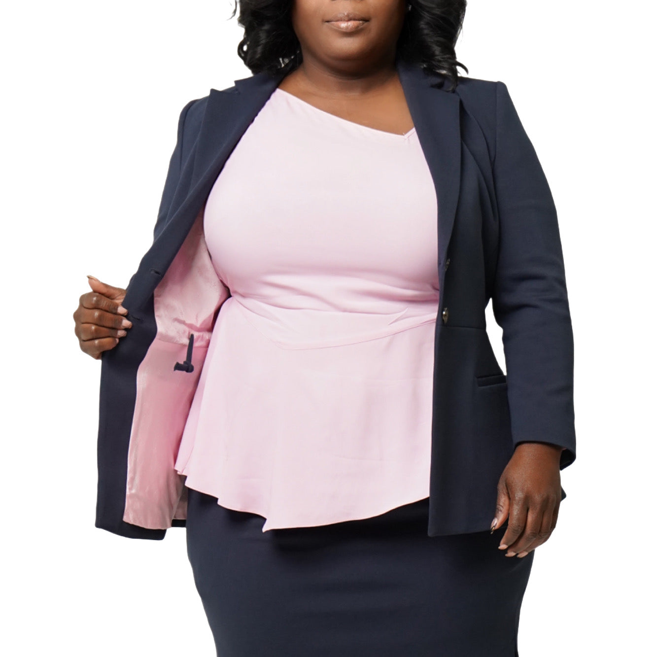 
                  
                    pink top in combination with navy blue suit jacket for curvy figure
                  
                