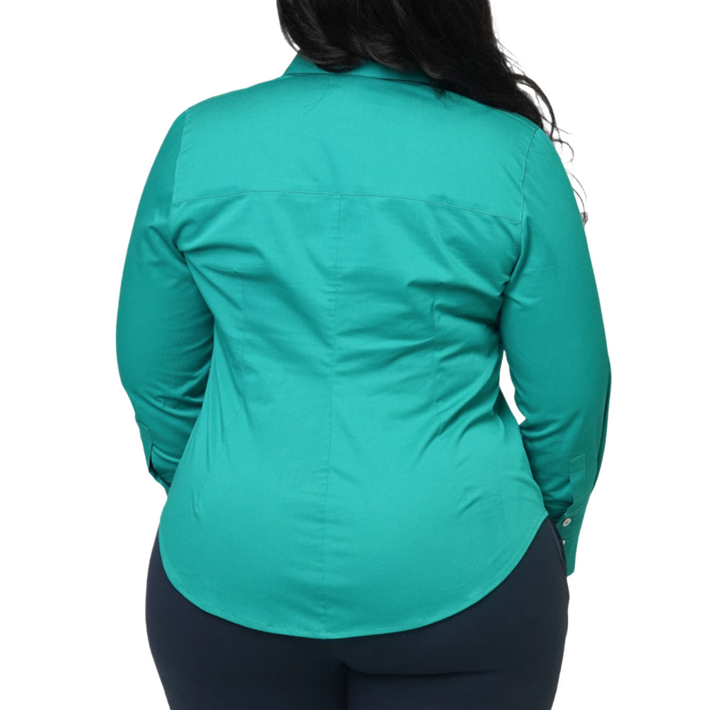 
                  
                    organic cotton button-down shirt in turquoise green color for curvy women
                  
                