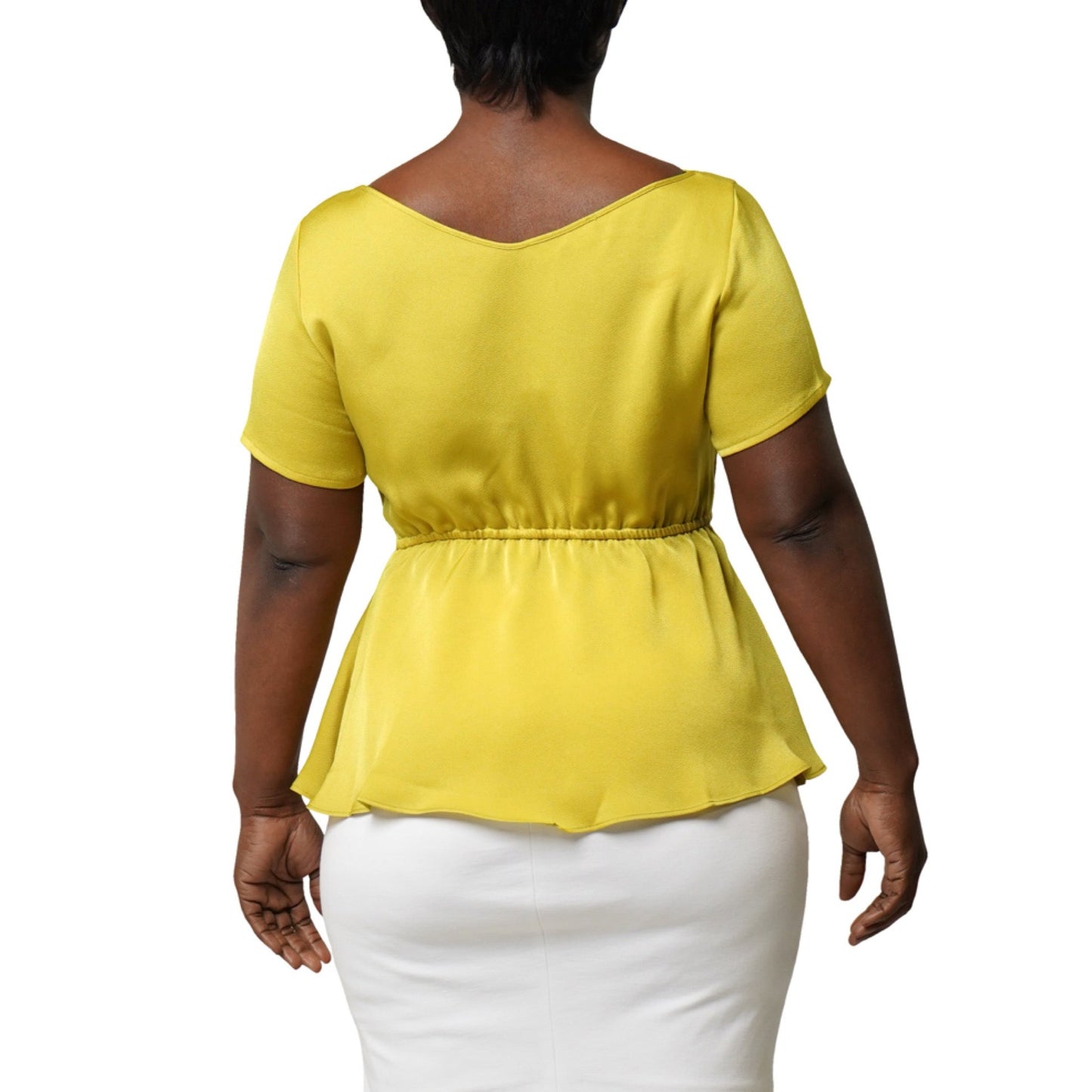 
                  
                    chic canary yellow blouse made from triacetate and polyester for short curvy figures
                  
                