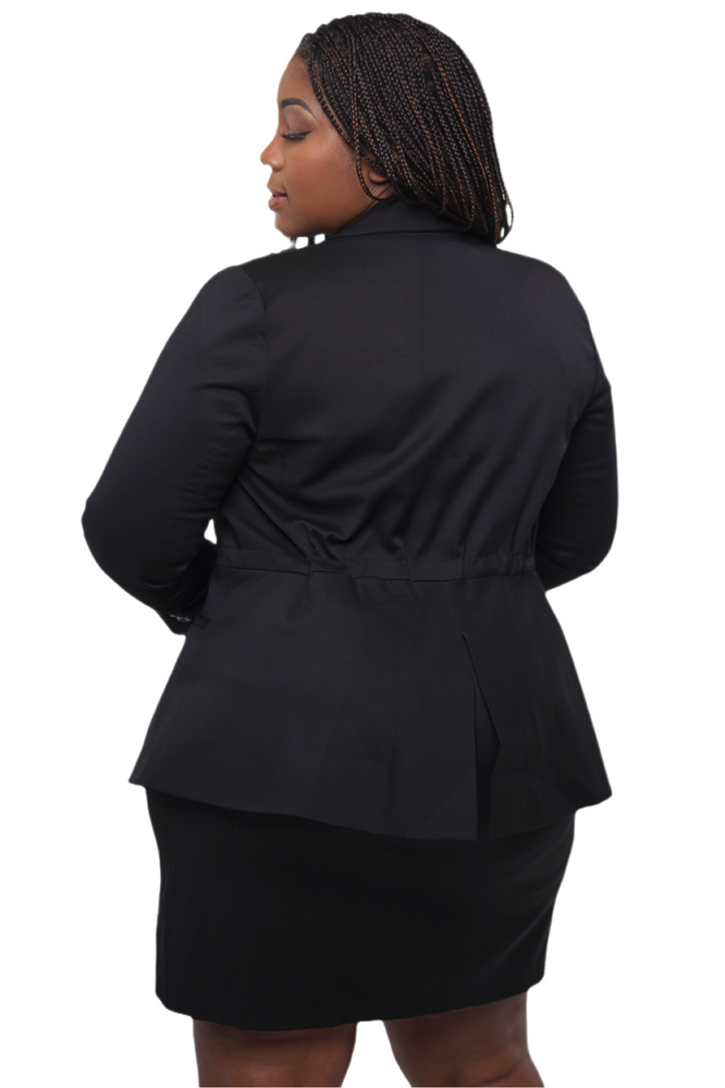 
                  
                    black peplum wool suit jacket with flattering fit for curvy women
                  
                